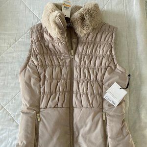 Brand New Calvin Klein Tan Vest with Fur Collar